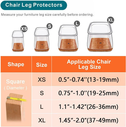 Square Chair Leg Floor Protectors Silicone Furniture Pads for Hardwood Floors, Furniture Sliders for Chair Legs, Durable