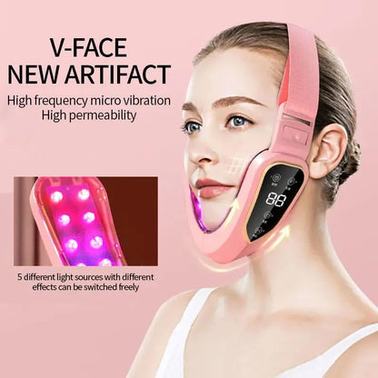 Facial Lifting Device, LED Photon Therapy V Face Slimming Vibration Massager for Double Chin Reduction & Skin Tightening