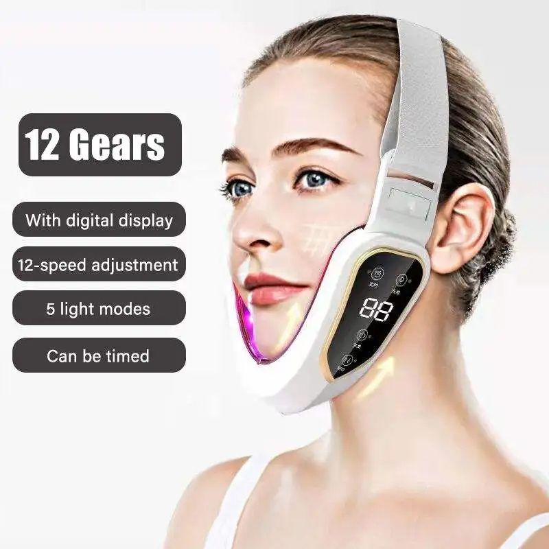 Facial Lifting Device, LED Photon Therapy V Face Slimming Vibration Massager for Double Chin Reduction & Skin Tightening