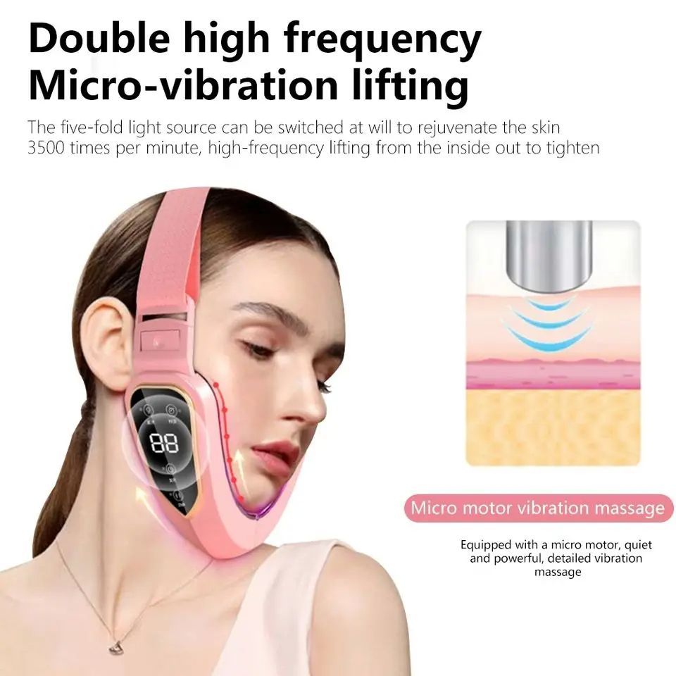 Facial Lifting Device, LED Photon Therapy V Face Slimming Vibration Massager for Double Chin Reduction & Skin Tightening