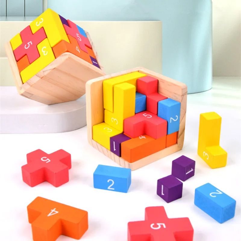 Colorful Wooden Blocks Puzzle, Classic Luban Lock Cube 3D Brain Teaser Toy for Kids & Adults