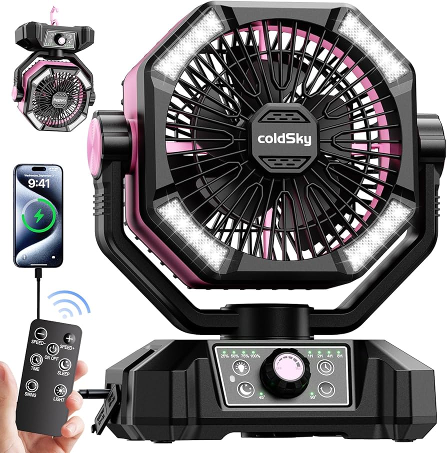 coldSky 20000mAh Portable Camping Fan with LED Lantern – 8-Speed Rechargeable Fan for Tent, Outdoor & Emergency Use