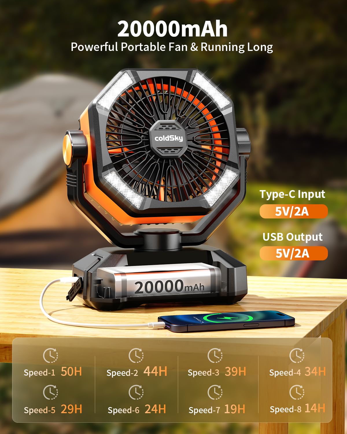 coldSky 20000mAh Portable Camping Fan with LED Lantern – 8-Speed Rechargeable Fan for Tent, Outdoor & Emergency Use