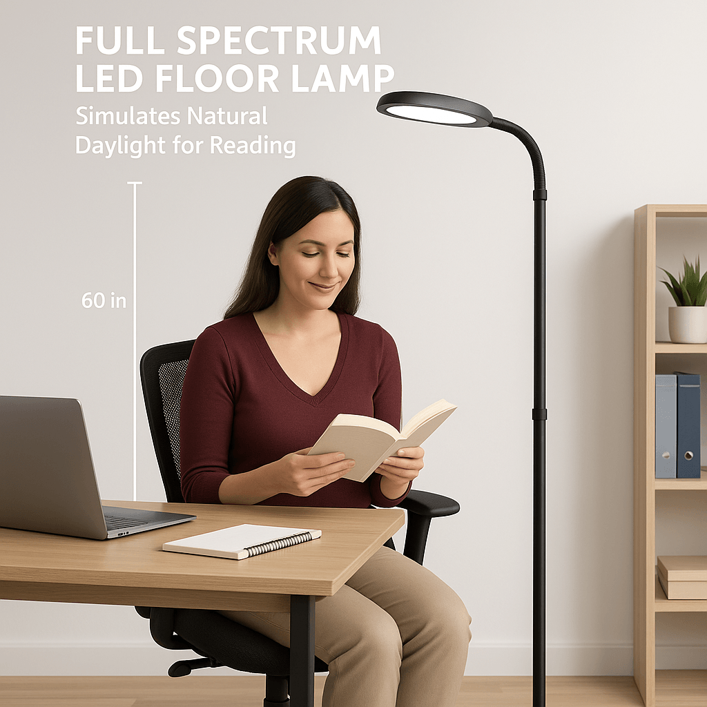 Natural Full Spectrum LED Floor Lamp 60 in Tall Sunlight Therapy & Reading Light