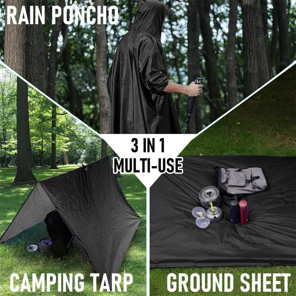 3 in1 Military Raincoat Waterproof Hooded Poncho for Camping, Hiking & Motorcycle Travel