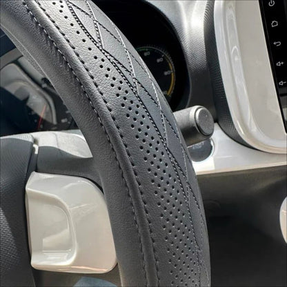 Premium Napa Leather Perforated Patchwork Car Steering Wheel Cover Non-Slip, Breathable & Universal Fit