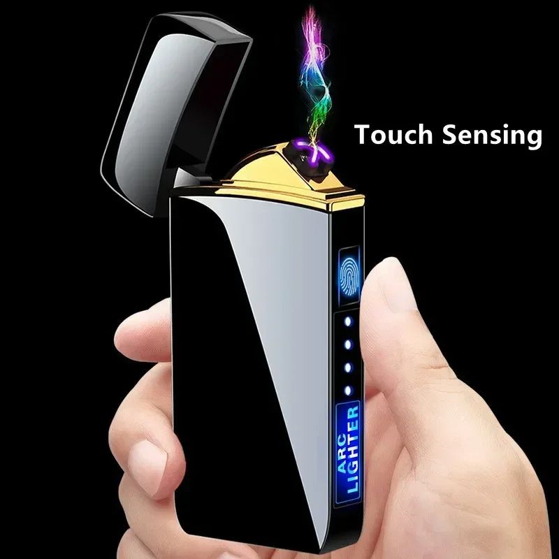 USB Rechargeable Windproof Electric Metal Lighter, Double Arc Flameless Plasma Lighter with Touch Sensor & LED Display