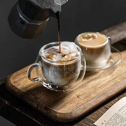 Heat Resistant Double Layer Glass Coffee Cup with Handle, Transparent Borosilicate Water, Tea, Milk, Juice Mug & Saucer