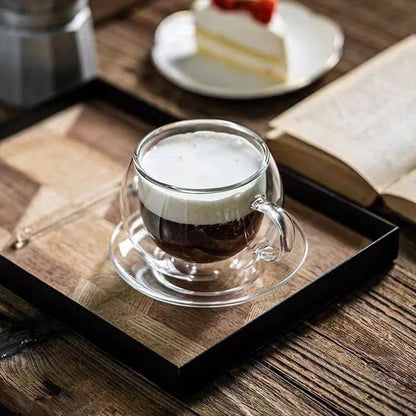 Heat Resistant Double Layer Glass Coffee Cup with Handle, Transparent Borosilicate Water, Tea, Milk, Juice Mug & Saucer