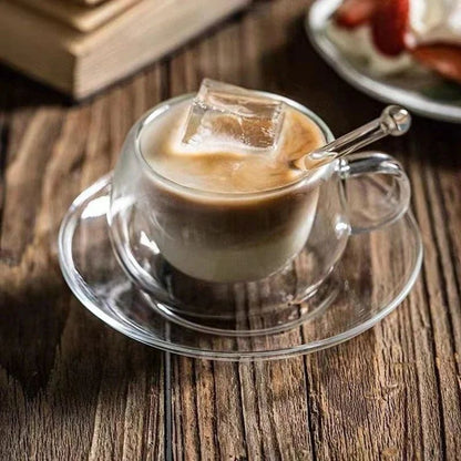 Heat Resistant Double Layer Glass Coffee Cup with Handle, Transparent Borosilicate Water, Tea, Milk, Juice Mug & Saucer