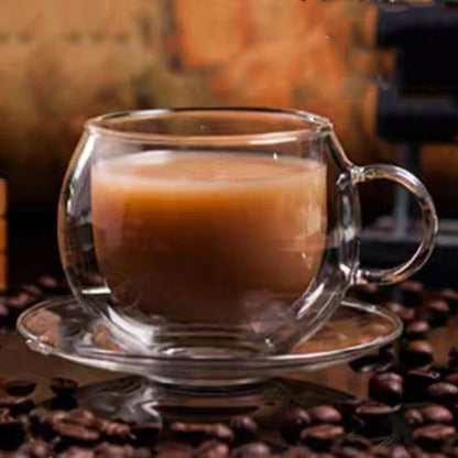 Heat Resistant Double Layer Glass Coffee Cup with Handle, Transparent Borosilicate Water, Tea, Milk, Juice Mug & Saucer