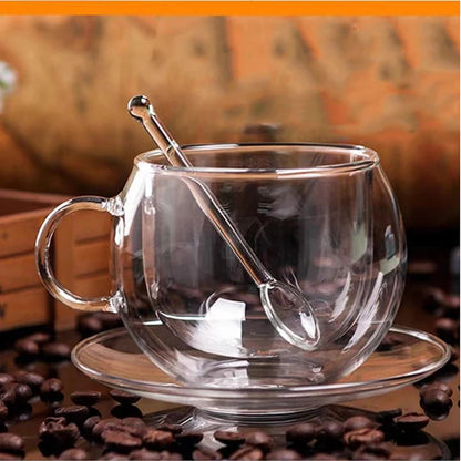 Heat Resistant Double Layer Glass Coffee Cup with Handle, Transparent Borosilicate Water, Tea, Milk, Juice Mug & Saucer