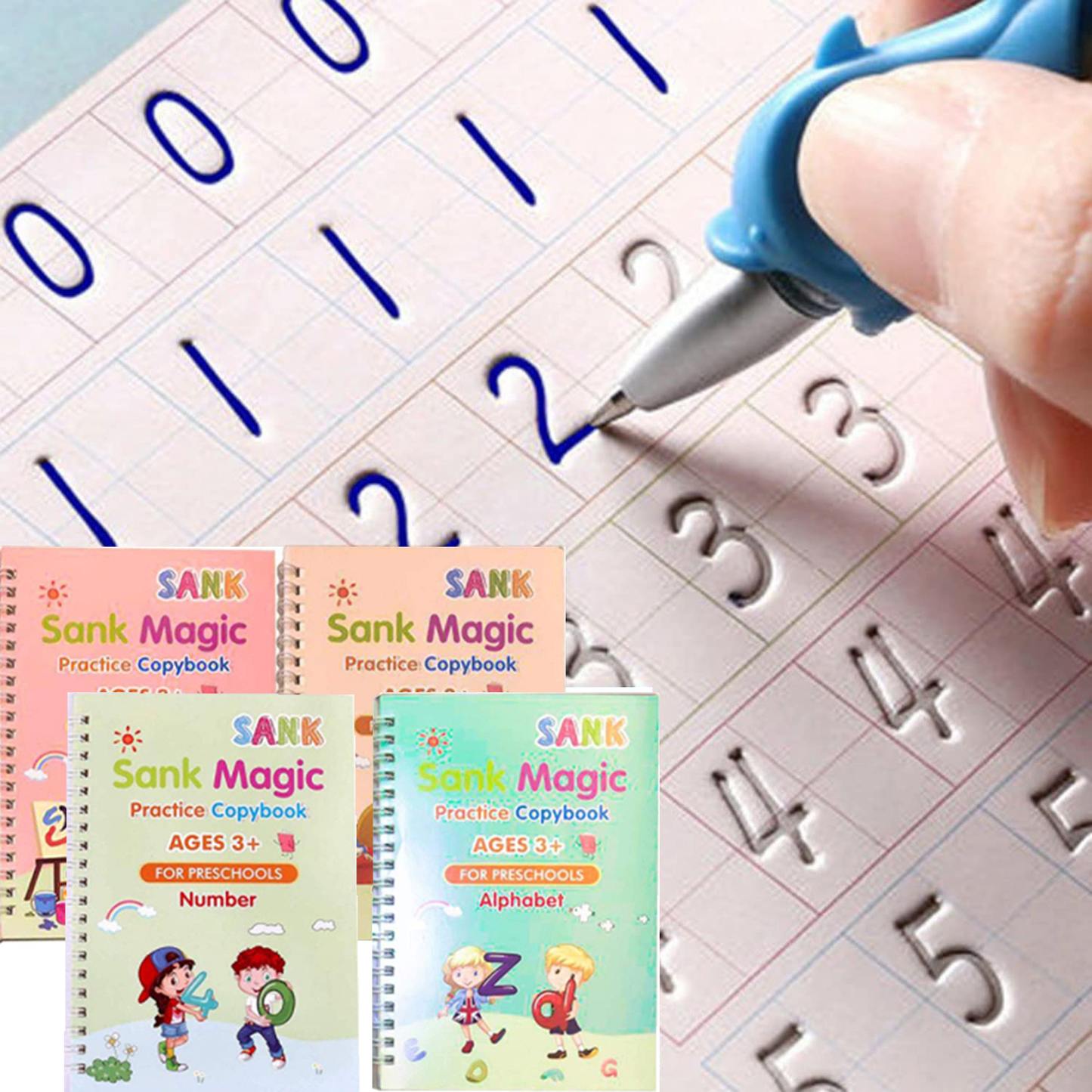 Sank Magic Practice Copybook Pen Reusable Writing Book for Kids | Preschool Calligraphy English Version with Free Wiping