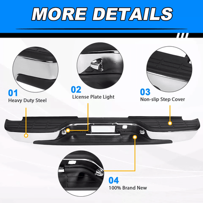 Complete Chrome Rear Bumper for Chevy Silverado & GMC Sierra, Bolt On OE Fit, No Drilling