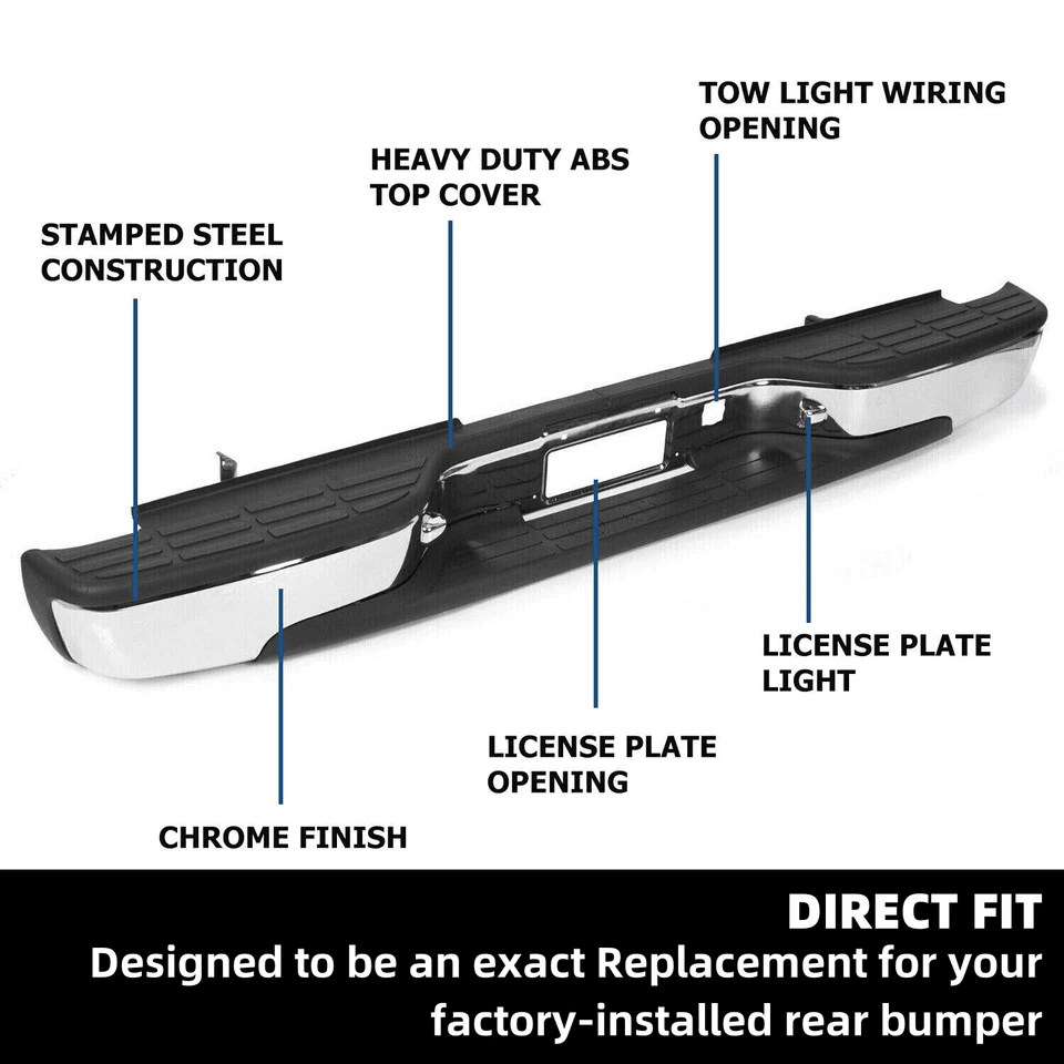 Complete Chrome Rear Bumper for Chevy Silverado & GMC Sierra, Bolt On OE Fit, No Drilling