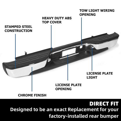 Complete Chrome Rear Bumper for Chevy Silverado & GMC Sierra, Bolt On OE Fit, No Drilling