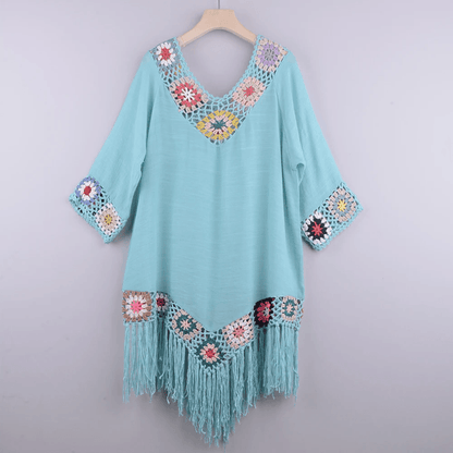 Crochet Bikini Cover Up Dress – White Fringe Tunic for Womens Beachwear