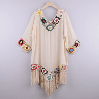 Crochet Bikini Cover Up Dress – White Fringe Tunic for Womens Beachwear