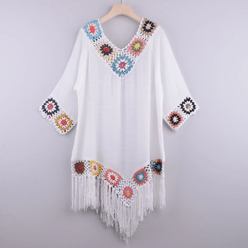 Crochet Bikini Cover Up Dress – White Fringe Tunic for Womens Beachwear