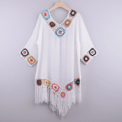 Crochet Bikini Cover Up Dress – White Fringe Tunic for Womens Beachwear