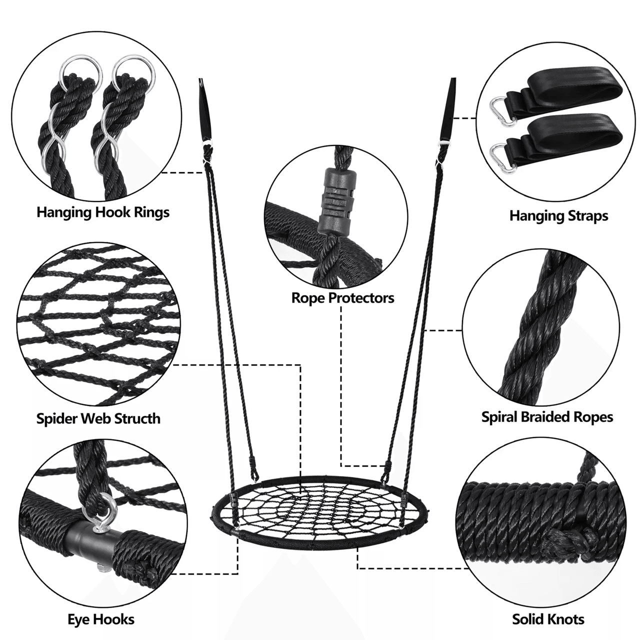 40 Inch Spider Web Tree Swing with Nylon Rope Outdoor Swing for Kids and Adults Up to 600 Pounds
