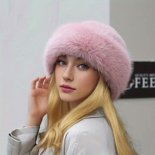 Winter Thick Warm Furry Beanies Hat for Women, Imitation Mink Fur Russian Cap, Solid Color Plush Brimless Ski Hat