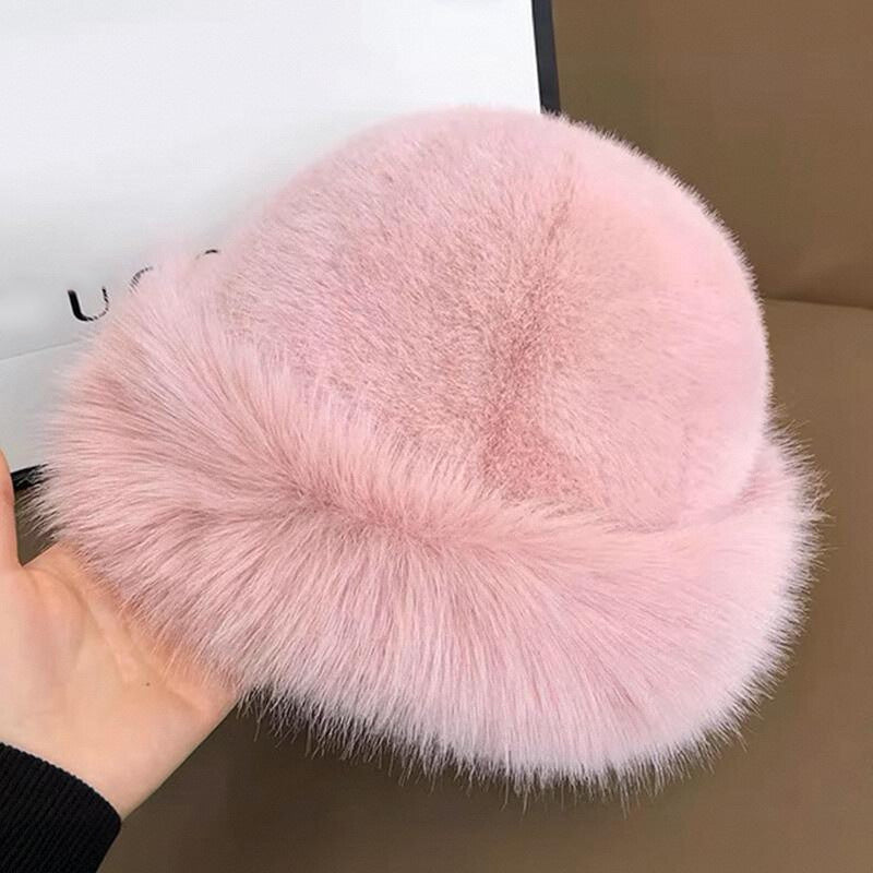 Winter Thick Warm Furry Beanies Hat for Women, Imitation Mink Fur Russian Cap, Solid Color Plush Brimless Ski Hat