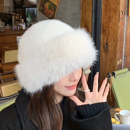 Winter Thick Warm Furry Beanies Hat for Women, Imitation Mink Fur Russian Cap, Solid Color Plush Brimless Ski Hat