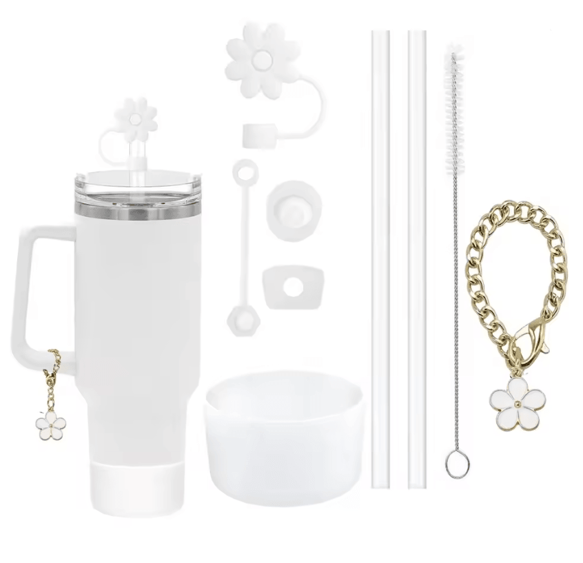9 Piece Stanley Cup Accessory Set with Straw Covers Boot Spill Stoppers and Flower Charm