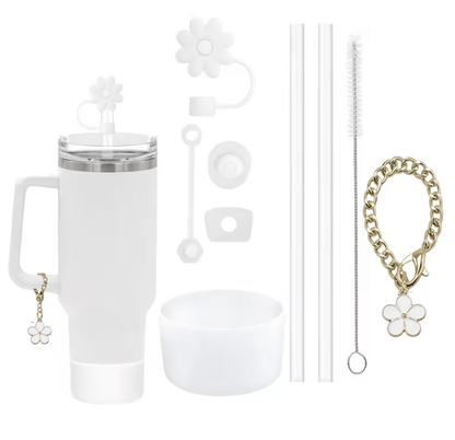 9 Piece Stanley Cup Accessory Set with Straw Covers Boot Spill Stoppers and Flower Charm