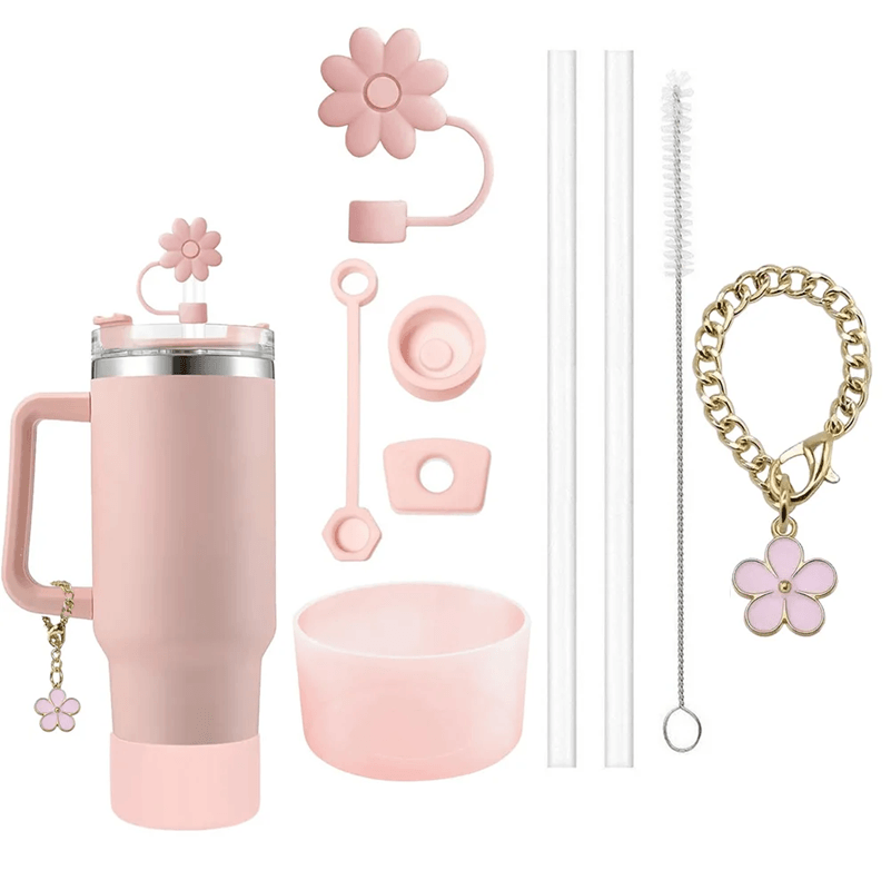 9 Piece Stanley Cup Accessory Set with Straw Covers Boot Spill Stoppers and Flower Charm