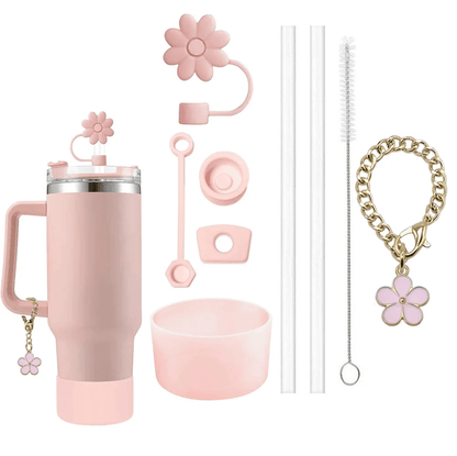 9 Piece Stanley Cup Accessory Set with Straw Covers Boot Spill Stoppers and Flower Charm