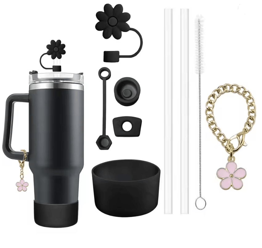 9 Piece Stanley Cup Accessory Set with Straw Covers Boot Spill Stoppers and Flower Charm