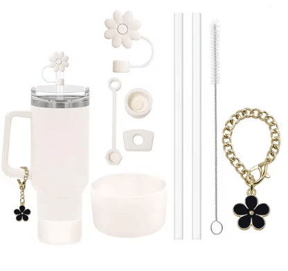 9 Piece Stanley Cup Accessory Set with Straw Covers Boot Spill Stoppers and Flower Charm