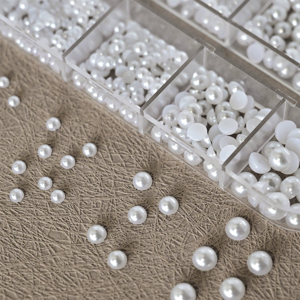 White Flatback Pearls Beads Nail Charms, 3D Nail Art Half Round Pearl Rhinestones for DIY Nail Jewelry & Craft