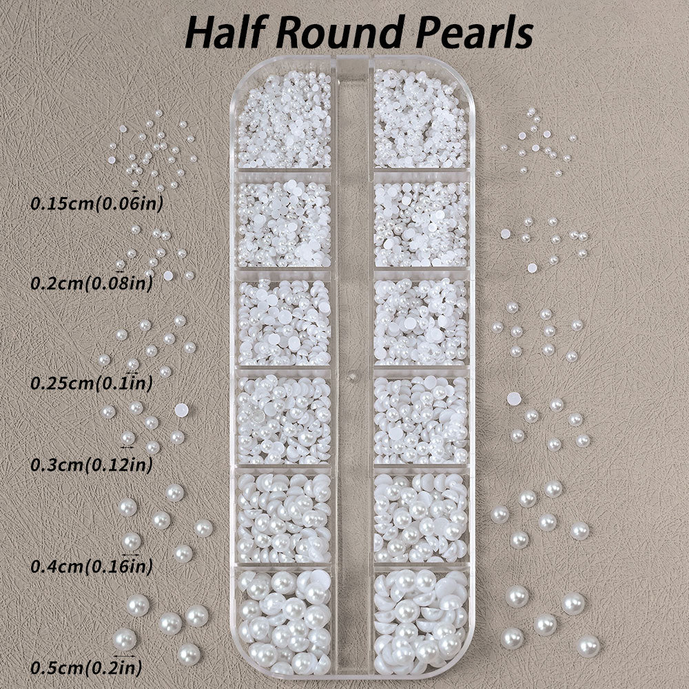 White Flatback Pearls Beads Nail Charms, 3D Nail Art Half Round Pearl Rhinestones for DIY Nail Jewelry & Craft