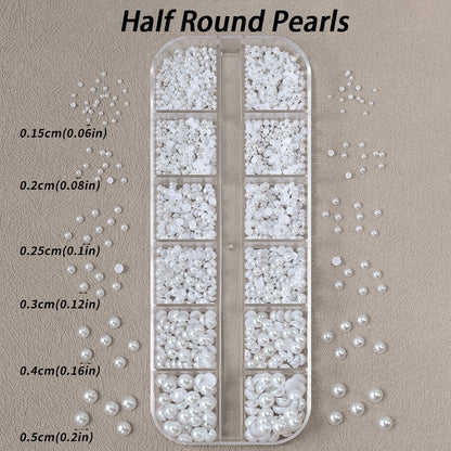 White Flatback Pearls Beads Nail Charms, 3D Nail Art Half Round Pearl Rhinestones for DIY Nail Jewelry & Craft