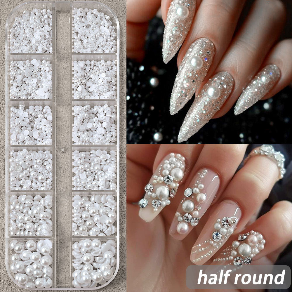 White Flatback Pearls Beads Nail Charms, 3D Nail Art Half Round Pearl Rhinestones for DIY Nail Jewelry & Craft