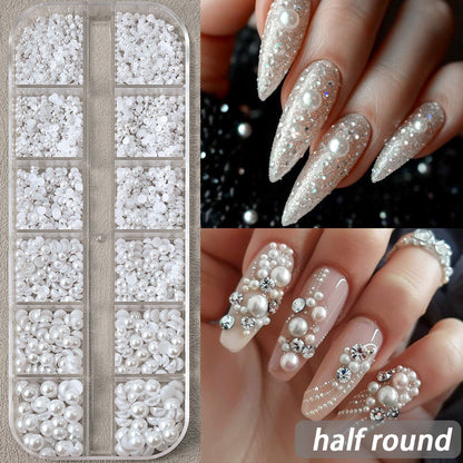 White Flatback Pearls Beads Nail Charms, 3D Nail Art Half Round Pearl Rhinestones for DIY Nail Jewelry & Craft