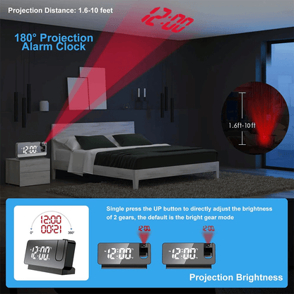 180 Degree Projection LED Alarm Clock with USB Charging and Ceiling Display