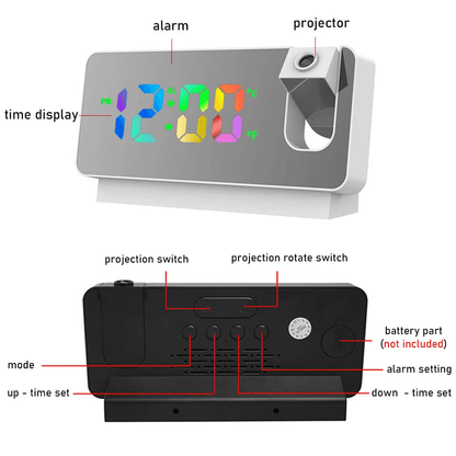 180 Degree Projection LED Alarm Clock with USB Charging and Ceiling Display