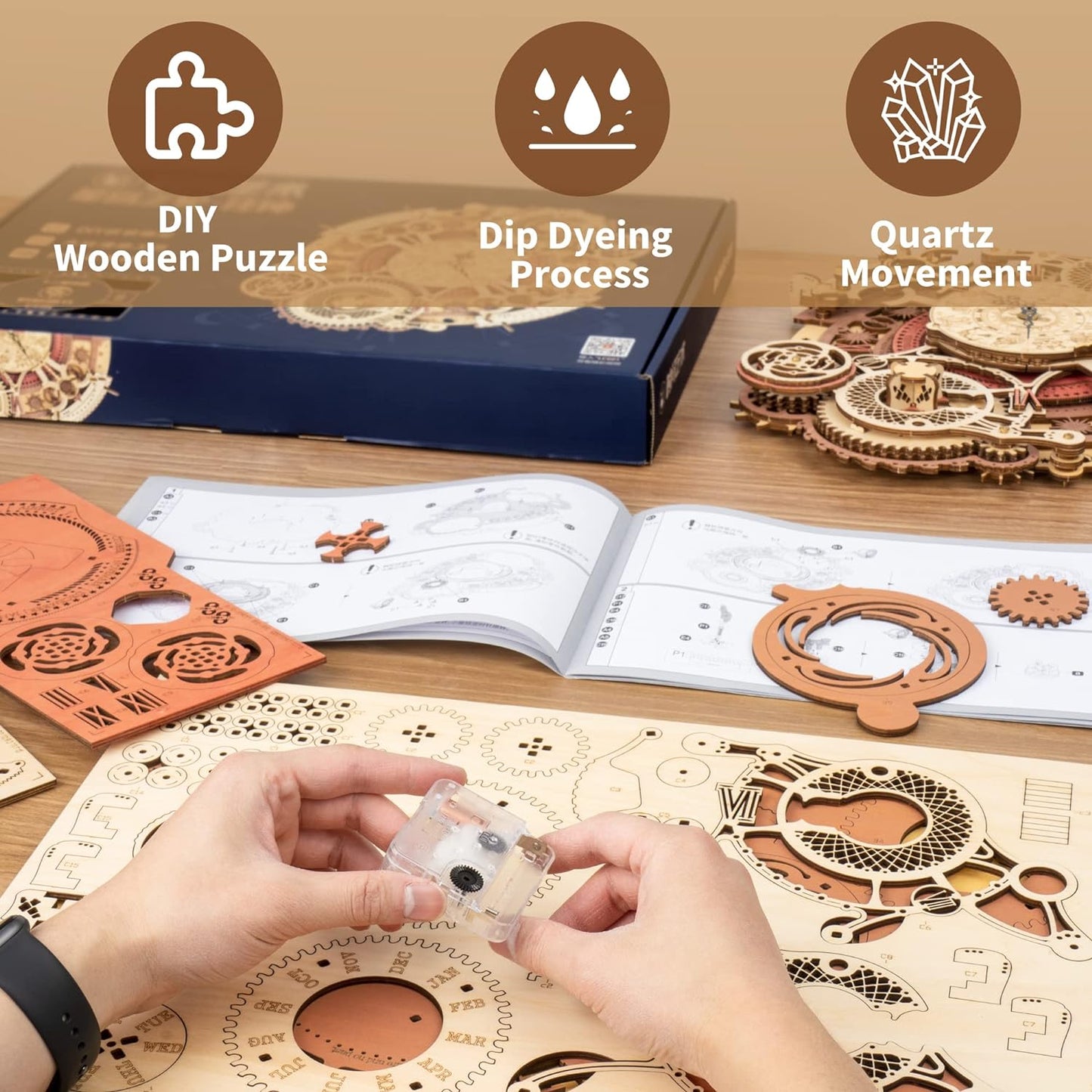 3D Wooden Puzzles Wooden Steampunk Clock Kit, DIY Mechanical Wall Quartz Aesthetic Room for Adults Home Decor