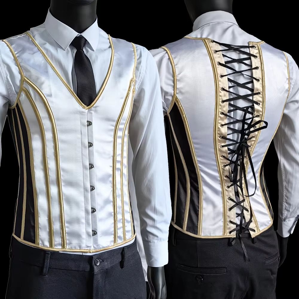 Elegant Renaissance Mens Waist Cincher Steel-Boned Medieval Corset Vest for Stomach Control