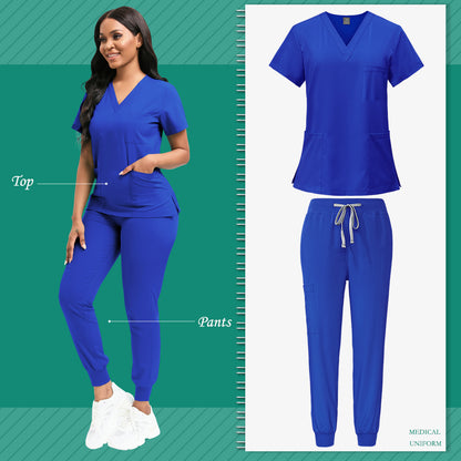 High-Quality Scrubs Women Set, V-Neck Uniform Top & Jogger Pants with Drawstring Waist, SPA, Dental, Veterinary & Clinic