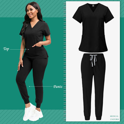 High-Quality Scrubs Women Set, V-Neck Uniform Top & Jogger Pants with Drawstring Waist, SPA, Dental, Veterinary & Clinic