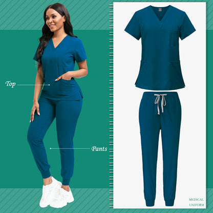 High-Quality Scrubs Women Set, V-Neck Uniform Top & Jogger Pants with Drawstring Waist, SPA, Dental, Veterinary & Clinic