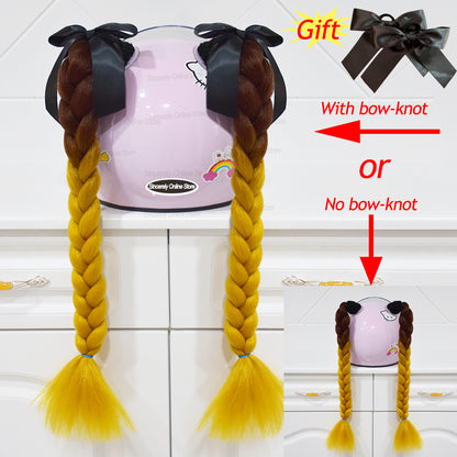 Twist Dual Pigtail Wig for Motorcycle Helmet, Women Braided Hairpiece with Sucker Attachment for Motorbike Helmets