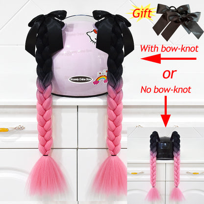 Twist Dual Pigtail Wig for Motorcycle Helmet, Women Braided Hairpiece with Sucker Attachment for Motorbike Helmets