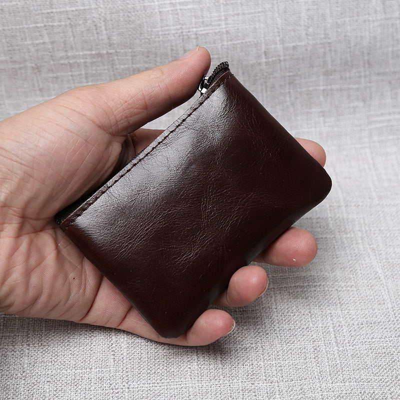 Handmade Leather Mini Coin Purse, Unisex First Layer Cowhide Zipper Wallet, Portable Retro Small Key Holder Pouch