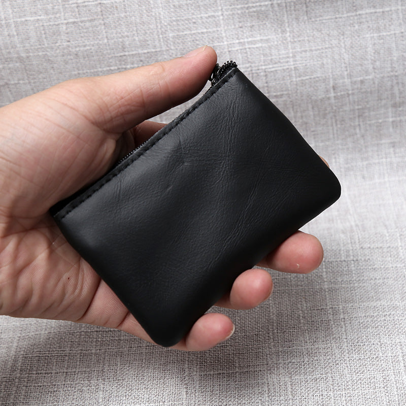Handmade Leather Mini Coin Purse, Unisex First Layer Cowhide Zipper Wallet, Portable Retro Small Key Holder Pouch